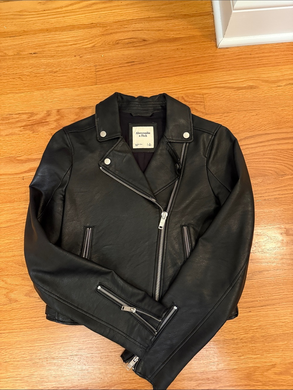 Abercrombie & Fitch Black Faux Leather Moto Jacket with Silver Zippers